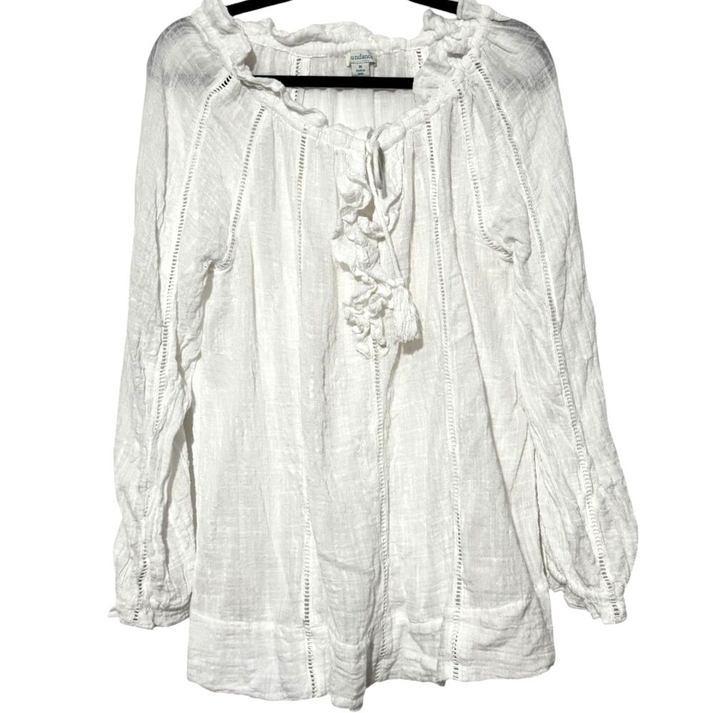 Sundance White Gauze Tassel Tie Ruffle Boho Beach Festival Peasant Top Med